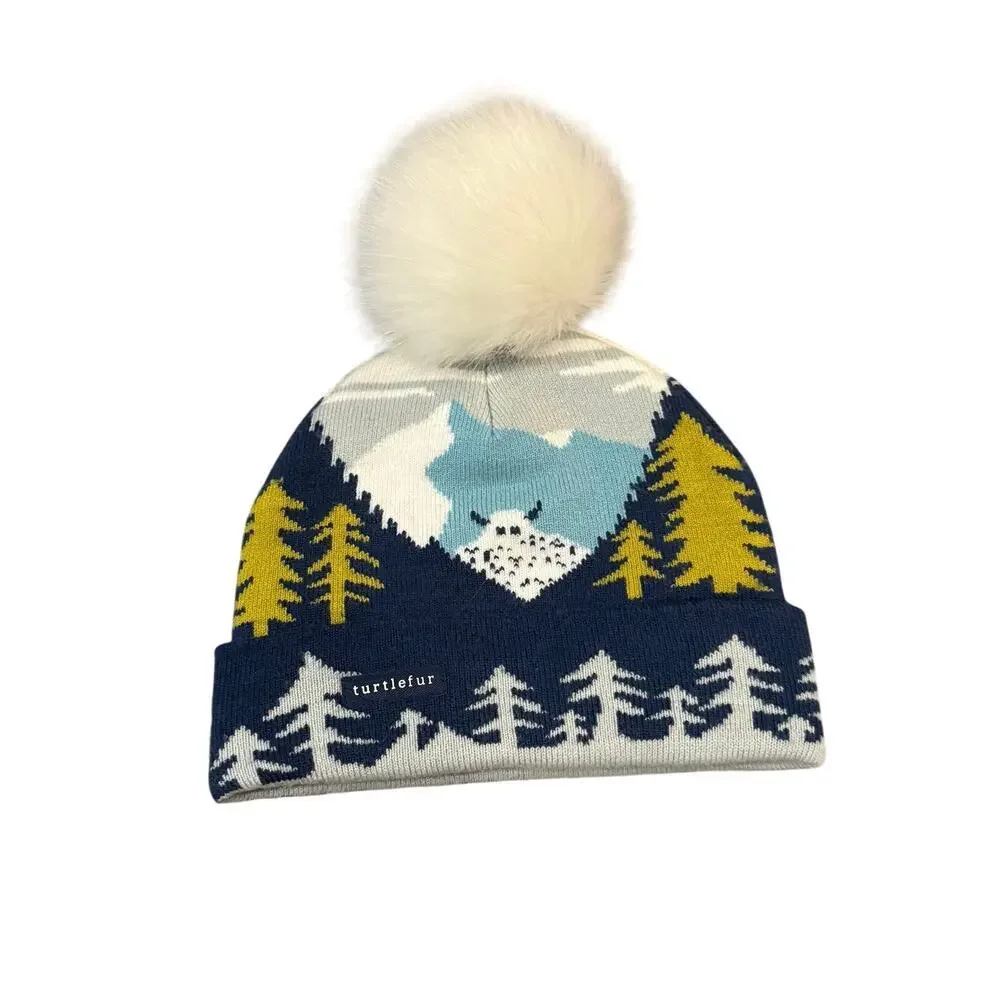 Turtle Fur Kids Pom Pom Beanie Hat Mountain Forest Knit Winter Acrylic Blue OS
